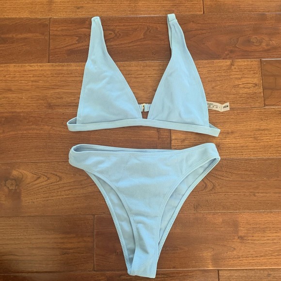 SHEIN Baby Blue Rib Triangle High Cut Bikini Swimsuit Size Large (8/10/12) NEW! - Picture 2 of 10